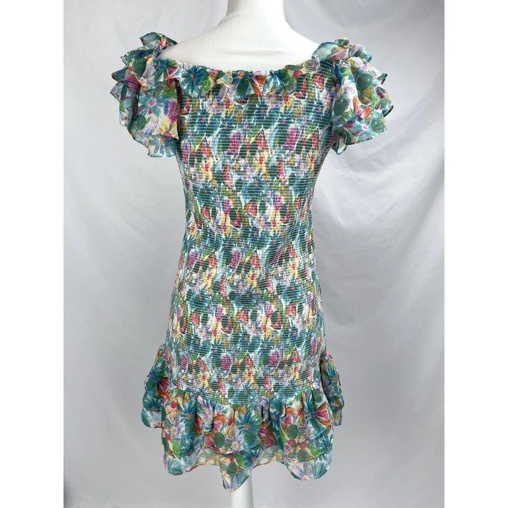 ASTR The Label XL Green Pink Blue Floral Smocked Sleeveless Dress Flutter Sleeve - Picture 7 of 12